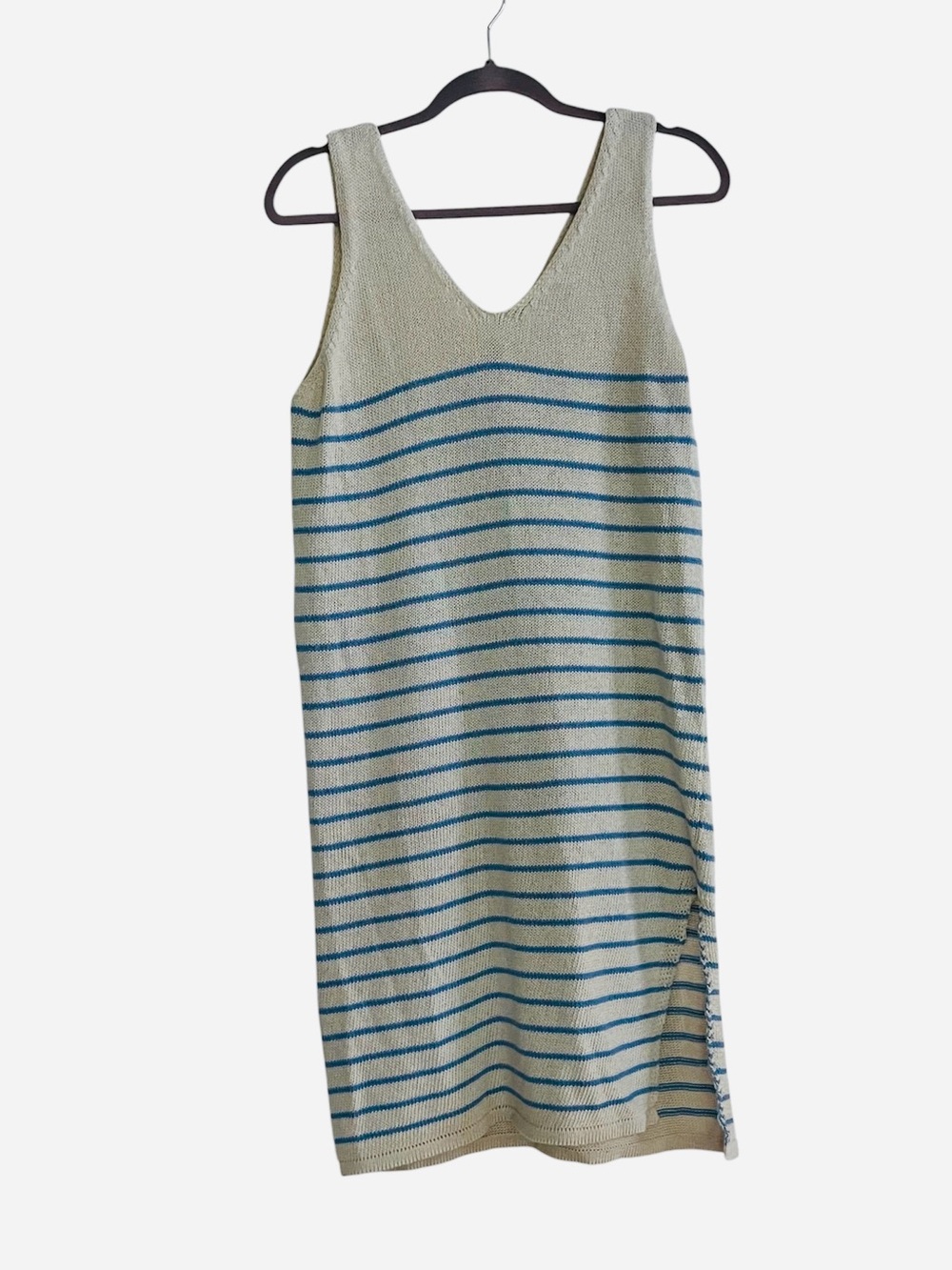 Floris Blue Cream Striped Crochet Knit Midi Dress Size M/L Italy. Summer